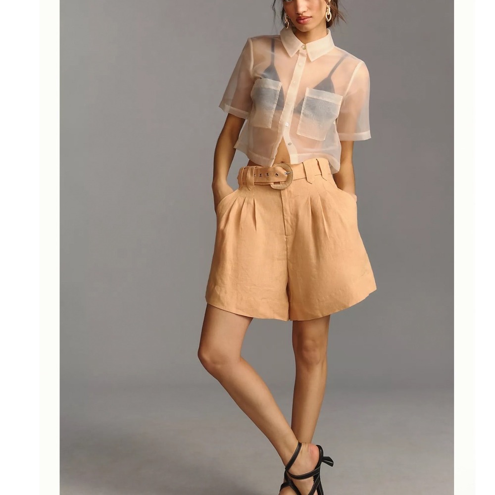 Farm Rio Tailored Linen Shorts Peach Orange Size Small Belted Size Small
